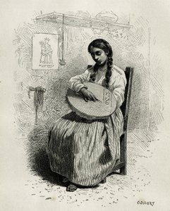 De borduurster, in Salento, regio Quindio (Colombia), gravure door Ch.Delort, ter illustratie van het verhaal van Amerika Equinoxiale door E.Andre, missieopdracht door de Franse regering, gepubliceerd in Le tour du monde, onder leiding van Edouard Charton door Charles Edouard Delort