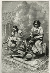 Het verwennen van een kind door zijn moeder en de productie van riet eau de vie (rum), nabij Cali (Cauca Valley, Colombia), gravure door Ch. Delort, ter illustratie van het verhaal van Equinoxiale Amerika door E. Andre, een missieopdracht door de Franse re