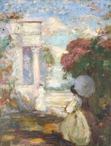 Lyrisch landschap met twee figuren in negentiende-eeuwse kleding door Charles Edward Conder