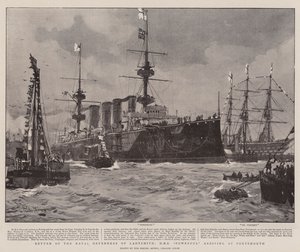 Terugkeer van de Marineverdedigers van Ladysmith, HMS Powerful aankomend in Portsmouth door Charles Edward Dixon
