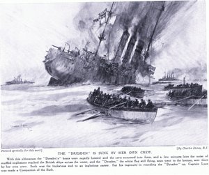 De Dresden wordt door haar eigen bemanning tot zinken gebracht, maart 1915 door Charles Edward Dixon