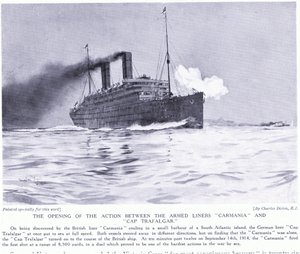 De openingsactie tussen de bewapende lijnschepen Carmania en Cap Trafalgar, Zuid-Atlantische Oceaan, september 1915 door Charles Edward Dixon
