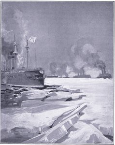 Vladivostok-eskader dat zich door het ijs uit de haven van Vladivostok forceert, illustratie uit Cassells History of the Russo-Japanese War Vol 1, ca. 1900 door Charles Edward Dixon