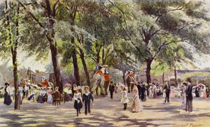Londense Zoo: Brede Wandelweg, met Olifanten (kleur litho)