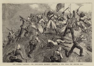 De Afghaanse Campagne, het Negenenvijftigste Regiment bestormt een Heuvel nabij de Sebundi Pas door Charles Edwin Fripp