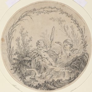 Twee putti spelen met zwanen door Charles Eisen