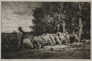 Een kudde aan de rand van een bos door Charles Emile Jacque