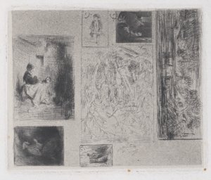 Samengestelde plaat: Vrouw en kinderen a, Oude muzikant b, Bakker c, Landschap ..., 1843 door Charles Emile Jacque