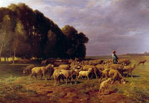 Kudde schapen in een landschap door Charles Emile Jacque