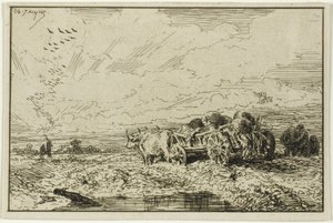 Landschap met door ossen getrokken wagen door Charles Emile Jacque