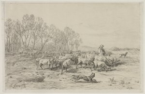 Landschap met een kudde schapen, 1800s door Charles Emile Jacque