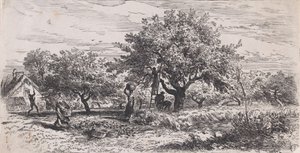 Fruit plukken van boom buiten huisje, ca. 1852 door Charles Emile Jacque