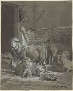 Schapen in een voerbak door Charles Emile Jacque