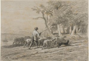 Herder en zijn kudde door Charles Emile Jacque