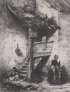 Trappen en vrouw die karnen door Charles Emile Jacque