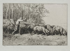 Kudde varkens die uit een bos komen door Charles Emile Jacque