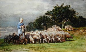 Een Herderin met een Kudde Schapen
