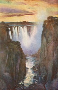 Victoria watervallen, de hoofdwaterval gezien door de kloof (kleurenlitho)