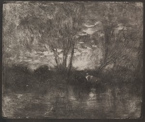 Koeien bij een drinkplaats, originele indruk 1862, gedrukt in 1921 door Charles Francois Daubigny
