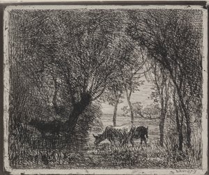 Koeien in het bos, originele indruk 1862, gedrukt in 1921 door Charles Francois Daubigny