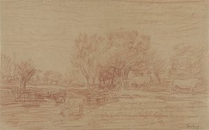 Landschap met grazende en drinkende koeien en een toekijkende stier