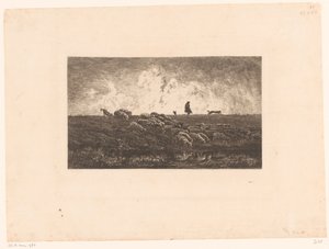 Landschap met herder en schapen tijdens een regenbui door Charles Francois Daubigny