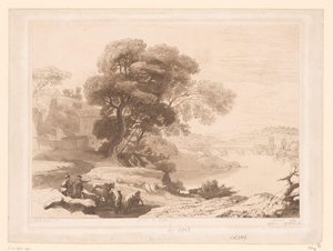 Landschap met herders en vee aan de rand van een rivier door Charles Francois Daubigny