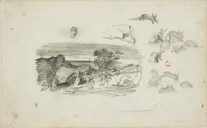Schetsen: Rotsachtige omgeving en konijnen door Charles Francois Daubigny