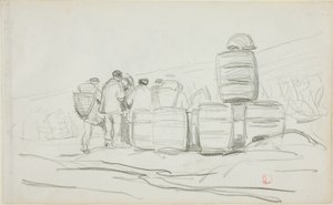 Studie van een groep mensen met vaten (recto); twee studies van een sprokkelende vrouw (verso) door Charles Francois Daubigny