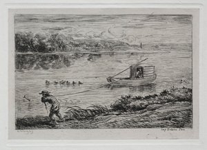 De Boottocht: Kajuitjongen die het Sleepkoord Trekt of Trekken aan het Touw door Charles Francois Daubigny