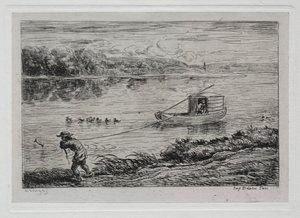 De boottocht: Kajuitjongen die het sleeptouw trekt, 1861 door Charles Francois Daubigny