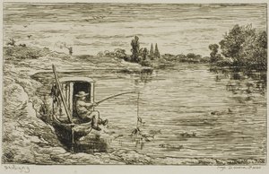 De scheepsjongen aan het vissen (Vissen met een lijn) door Charles Francois Daubigny
