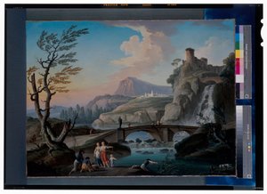 Een Rivierlandschap met Vissers die hun Netten Binnenhalen, een Rotsachtig Landschap en een Voetbrug Verderop door Charles François Grenier de Lacroix