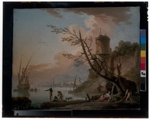 Mannen vissen met vrouwen rustend onder een toren door Charles François Grenier de Lacroix