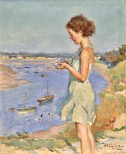 Jong meisje met blauwe hortensia, Saint-Gilles-Croix-de-Vie door Charles Garabed Atamian