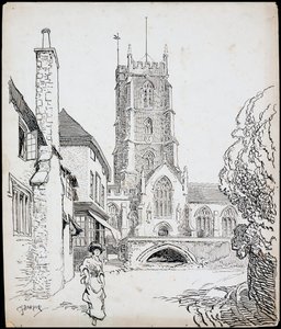 Een uitzicht vanuit het zuiden van de Priory Church of St George, Dunster, Somerset door Charles George Harper