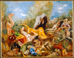 La chasse au lion - De leeuwenjacht ... (olieverf op papier)