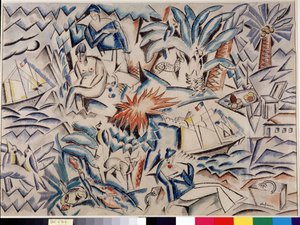 Mediterraan landschap met boten, dieren, vegetatie (palmboom) en personages