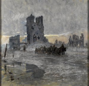 Paardentransporten, mogelijk een artillerietrein, die de verwoeste Lakenhal passeren, Ieper door Charles Gilbert Holiday