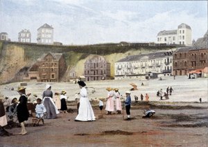 Op het strand. Gravure door Gillot rond 1900.