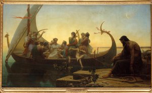 Verloren illusies of avond Een allegorische scène met personages op een vertrekkende drakkar, een man blijft op de kade met een lier. door Charles Gleyre