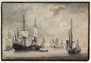 Nederlandse oorlogsschip, staatsjacht en verre schepen in een haven, eind 18e eeuw door Charles Gore
