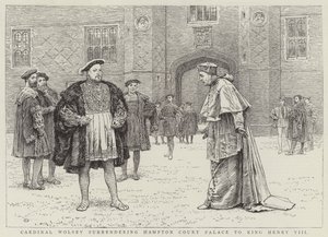 Kardinaal Wolsey geeft Hampton Court Palace over aan Koning Hendrik VIII