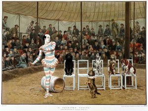 De geleerde honden: circusscène met clown en honden - naar Charles Green, Engelse chromo 1885 door Charles Green