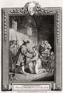 Lady Elizabeth Grey, verzoekend aan Edward IV om haar landgoederen terug te geven, 15e eeuw, 1777 door Charles Grignion