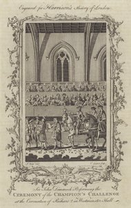 Sir John Dimmock die de Ceremonie van de Uitdaging van de Kampioenen uitvoert bij de Kroning van Richard II in Westminster Hall, 1377 door Charles Grignion