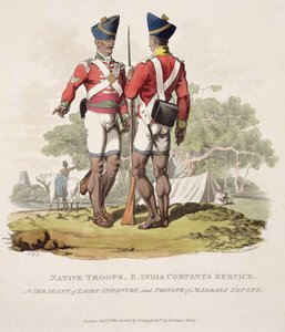 Inheemse Troepen in Dienst van de Oost-Indische Compagnie: een Sergeant van de Lichte Infanterie en een Soldaat van de Madras Sepoys, gegraveerd door Joseph Constantine Stadler, 1815 (aquatint)