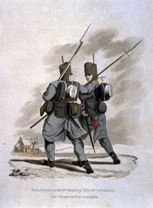 Soldaten van het 1e Regiment van de Foot Guards in marsorde, uit 