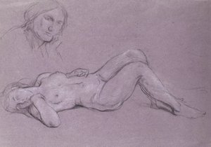 Studie van een liggende naakte vrouwelijke figuur, met een studie van een vrouwshoofd rustend op haar hand