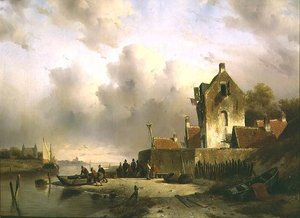 Een estuarium met vissers bij een kade door Charles Henri Joseph Lieckert